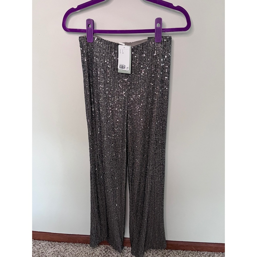 H&M Womens Silver Sequin Straight Leg Pants Elastic Waist New Size S